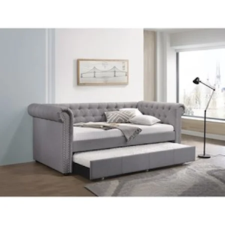 Transitional Chesterfield Twin Daybed & Trundle in Smoke Gray Fabric
