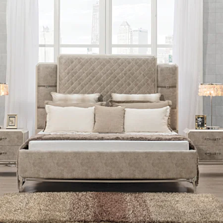 Contemporary Menswear-Inspired Queen Bed with Faux Leather Upholstery and Belted Detail