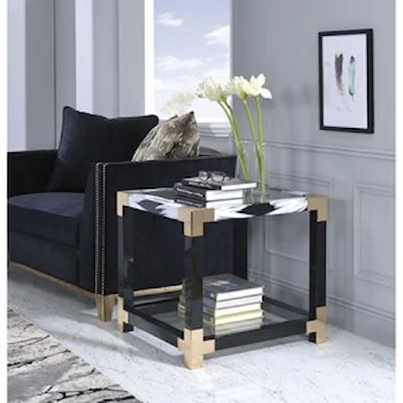 Modern End Table with Glass Top and Shelf