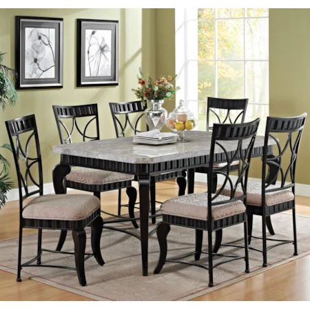Transitional Seven Piece Rectangular Marble Table and Lattice-Backed Side Chair Set