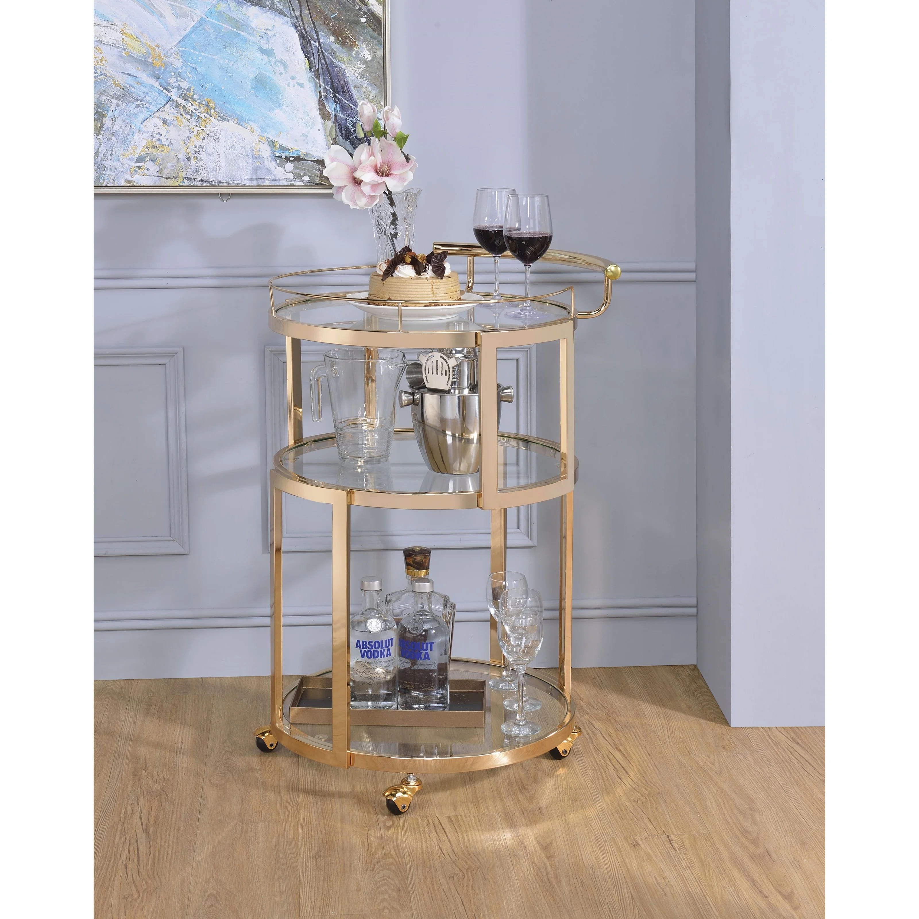 Acme Furniture Madelina 98286 Gold Finish Round Serving Cart with Clear
