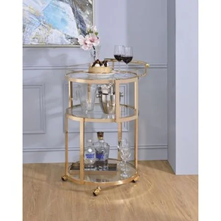 Gold Finish Round Serving Cart with Clear Glass Shelves