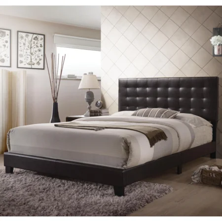 Contemporary Biscuit-Tufted Queen Bed in Espresso Faux Leather