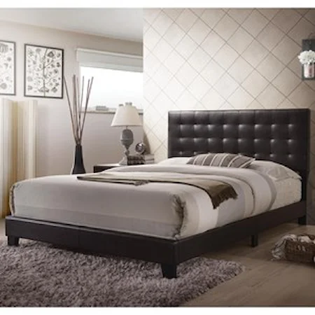 Contemporary Biscuit-Tufted Queen Bed in Espresso Faux Leather