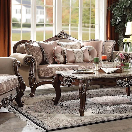 Traditional Loveseat with Rolled Arms and Arched Wood Trim