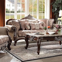 Traditional Loveseat with Rolled Arms and Arched Wood Trim