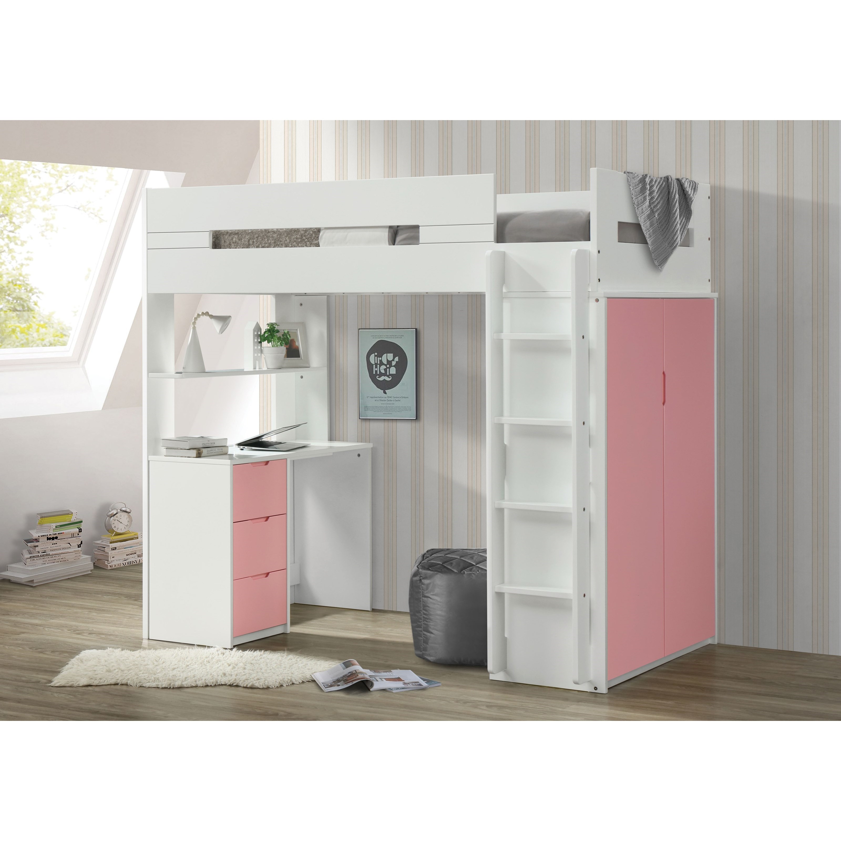 Acme Furniture Jason II 37445 Contemporary Twin Loft Bed with Storage Ladder and Desk Corner Furniture Loft Beds
