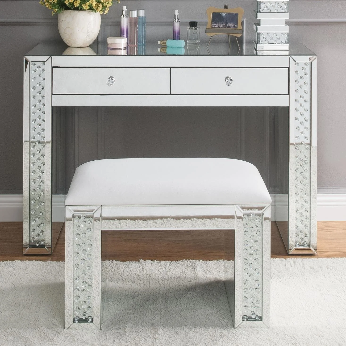 Acme Furniture Nysa 90157 Glam Mirrored Vanity Desk with Faux Crystal