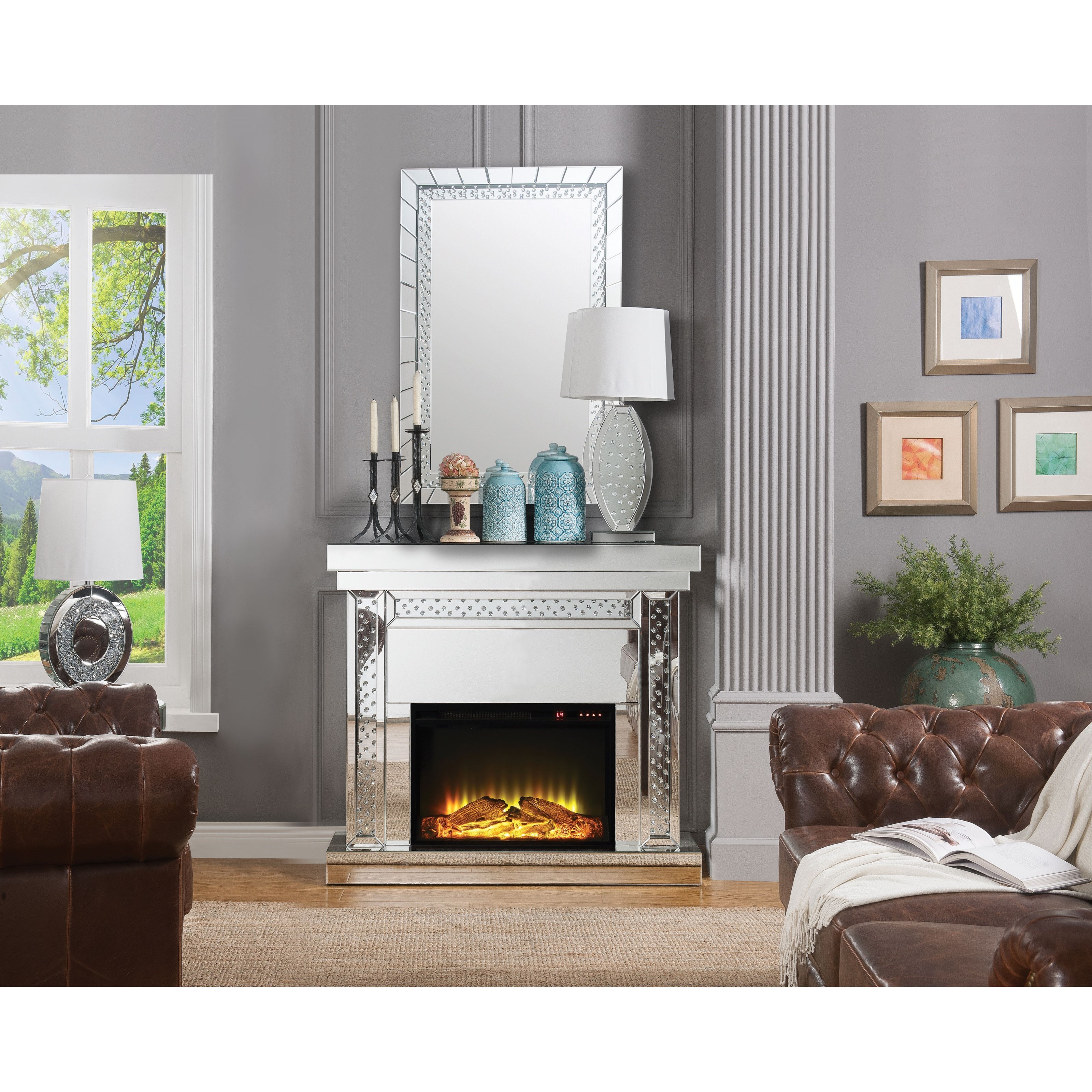 Acme Furniture Nysa Glam LED Electric Fireplace with Faux Crystal