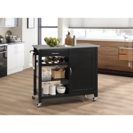 Black Finish Kitchen Cart with Stainless Steel Top