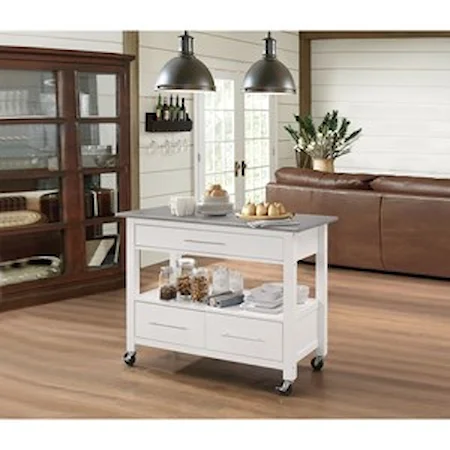 White Finish Kitchen Cart with Stainless Steel Top