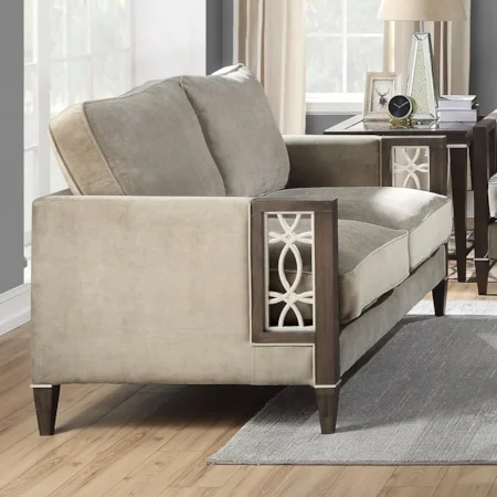 Velvet Fabric Loveseat with Wood Floral Motif Arms