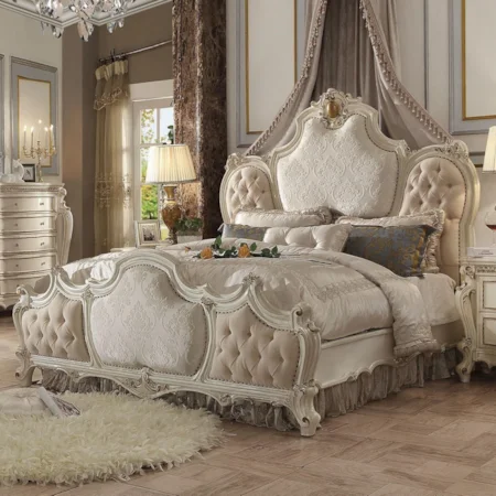 Traditional California King Upholstered Bed with Tufting and Contrast Fabric Panels