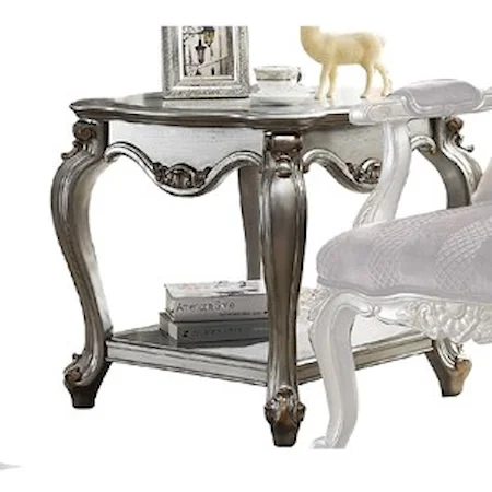 Traditional Square End Table with Ornate Carvings and 1 Shelf