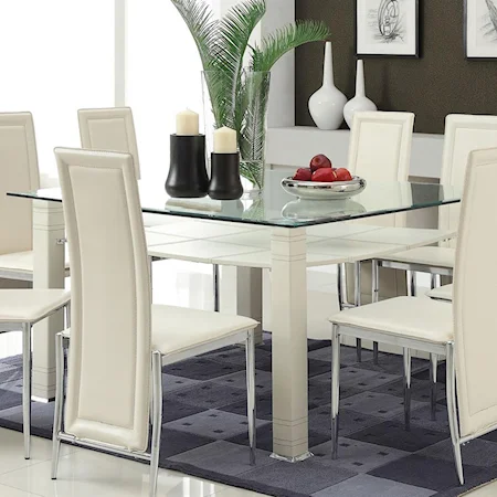 Contemporary Dining Table with Beveled Glass Top and White Legs