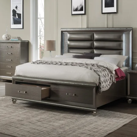 Glam Queen Bed with Footboard Storage and Upholstered Headboard