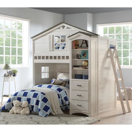 Vintage Farmhouse Twin Playhouse Loft Bed with Desk