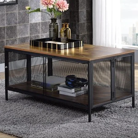 Industrial Coffee Table with Metal Mesh Base