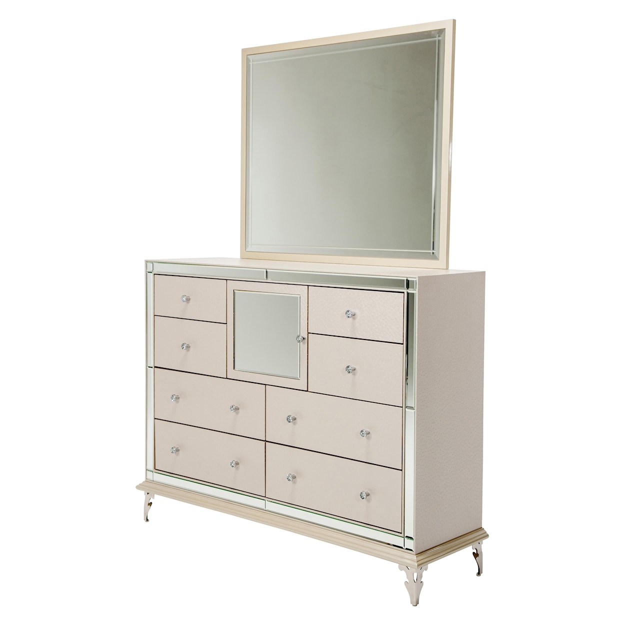Michael Amini Hollywood Loft Upholstered Dresser and Rectangle Mirror