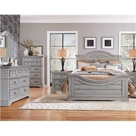 King Panel Bed, Dresser, Mirror, Nightstand in Antique Gray Finish