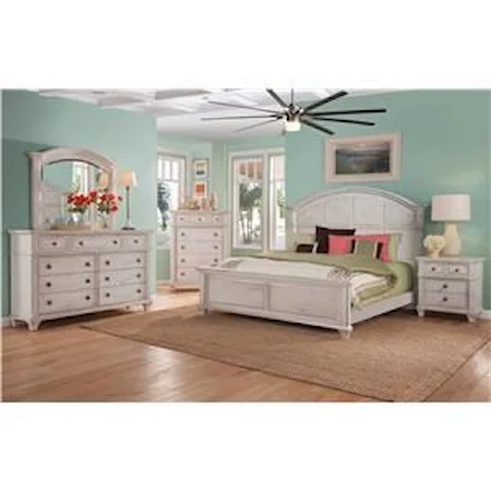 Queen Panel Bed, Dresser, Mirror, Nightstand in Cobblestone White Finish