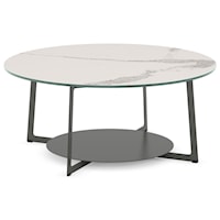 Customizable Round Malloy Coffee Table with Marble-Look Top and Circular Shelf