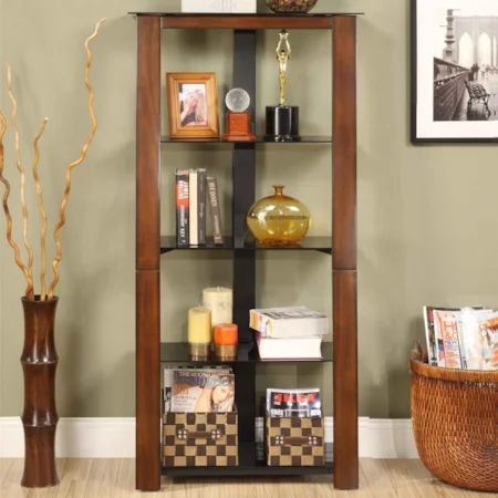 Brown Cherry Finished Book Shelf with Black Tempered Glass Shelves