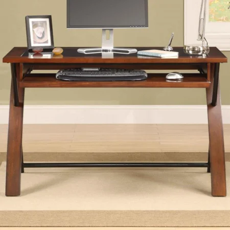 Brown Cherry Finished Computer Desk with Tempered Glass Desktop