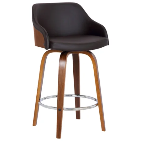 Contemporary 26" Counter Height Swivel Barstool in Walnut Wood Finish with Brown Faux Leather