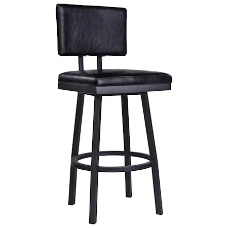 Contemporary 30” Bar Height Barstool in Black Powder Coated Finish with Vintage Black Faux Leather