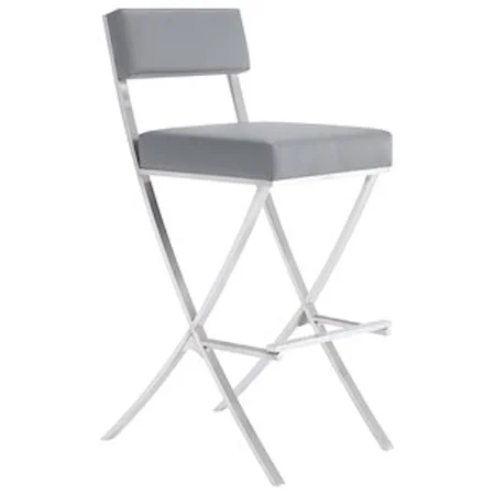 Contemporary 32" Bar Height Barstool in Brushed Stainless Steel and Grey Faux Leather
