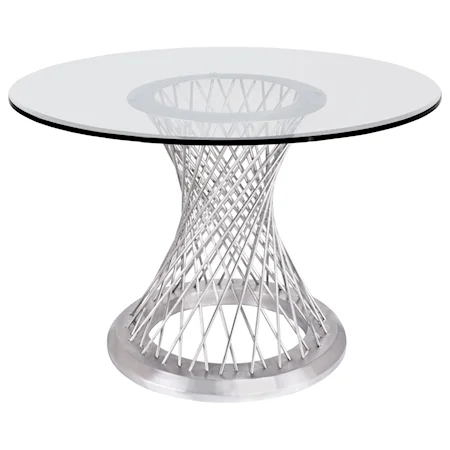 Contemporary Round Dining Table in Brushed Stainless Steel with Clear Tempered Glass Top