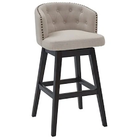 30" Bar Height Wood Swivel Tufted Barstool in Espresso Finish with Tan Fabric