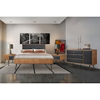 Rustic 4-Piece Upholstered Platform Bedroom Set in Queen with Dresser and 2 Nightstands