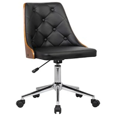 Mid-Century Modern Swivel Office Chair in Chrome finish with Tufted Black Faux Leather and Walnut Veneer Back