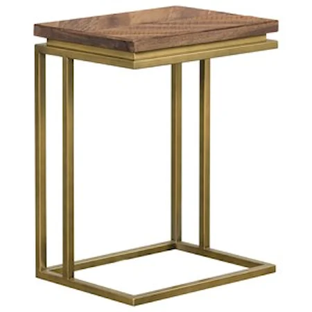 Rustic Brown Wood C-Shape End Table with Antique Brass Base