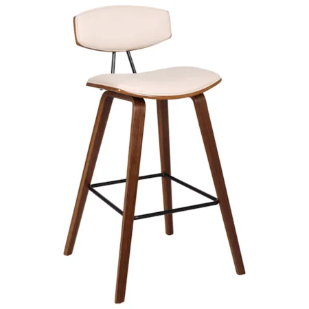 30" Mid-Century Bar Height Barstool in Cream Faux Leather with Walnut Wood