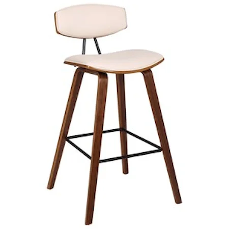 30" Mid-Century Bar Height Barstool in Cream Faux Leather with Walnut Wood