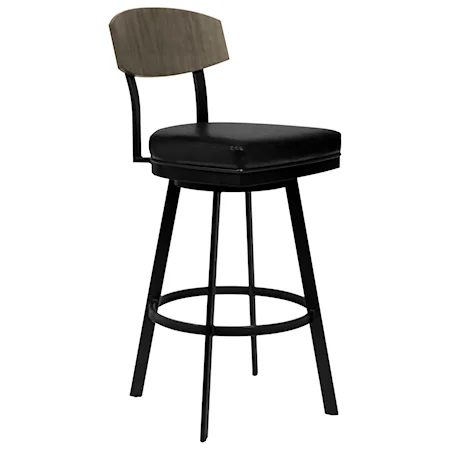 Contemporary 26" Counter Height Barstool in Matte Black Finish with Black Faux Leather and Grey Walnut
