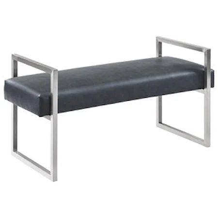 Contemporary Bench in Grey Faux Leather and Brushed Stainless Steel Finish