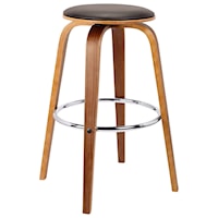 26" Mid-Century Swivel Counter Height Backless Barstool in Brown Faux Leather with Walnut Veneer