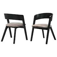Mid-Century Modern Dining Accent Chairs in Black Ash Finish and Brown Fabric - Set of 2