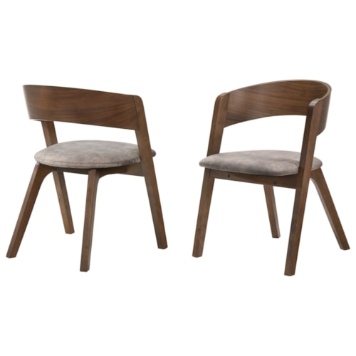 Mid-Century Modern Dining Accent Chairs in Walnut Finish and Brown Fabric - Set of 2