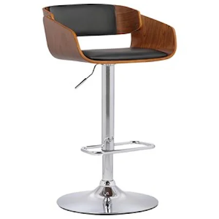 Mid-Century Modern Adjustable Swivel Barstool in Chrome Finish with Black Faux Leather and Walnut Wood
