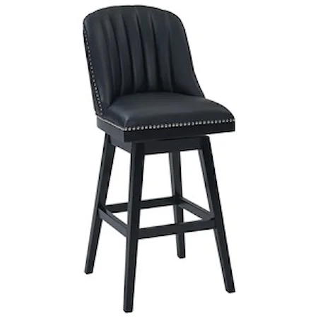30" Bar Height Wood Swivel Barstool in Black Wood Finish with Black Faux Leather and Nailhead Trim
