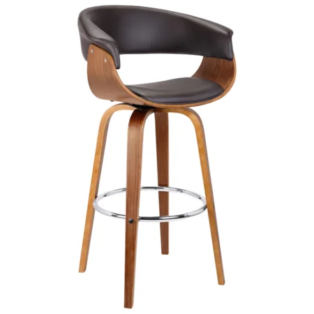 26" Mid-Century Swivel Counter Height Barstool in Brown Faux Leather with Walnut Wood