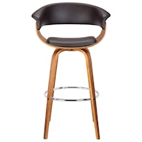 30" Mid-Century Swivel Bar Height Barstool in Brown Faux Leather with Walnut Wood