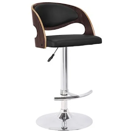 Contemporary Adjustable Swivel Bar Stool in Dark Oak Finish and Black Faux Leather