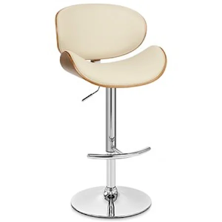 Adjustable Swivel Barstool in Chrome Finish with Cream Faux Leather and Walnut Veneer Back