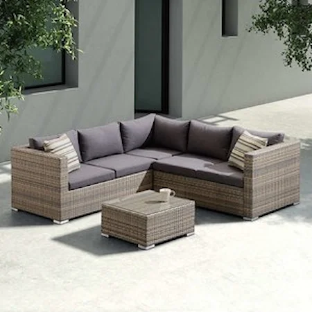 Contemporary 3-Piece Outdoor Rattan Sectional Set with Dark Brown Cushions and Modern Accent Pillows